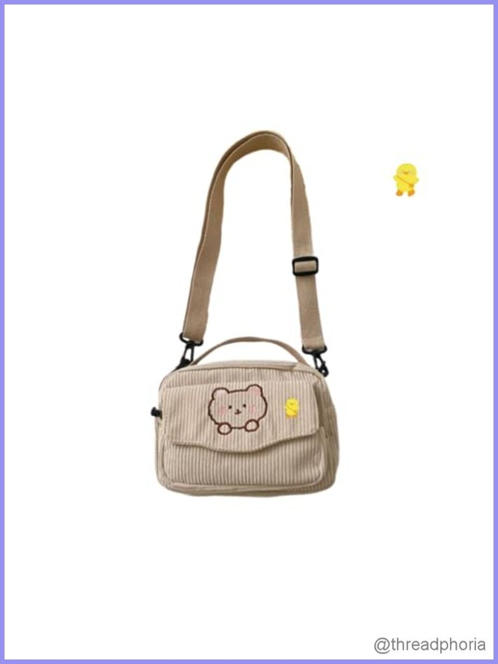 Cute Corduroy Crossbody Bag with Bear Pattern, Adjustable Strap, Small